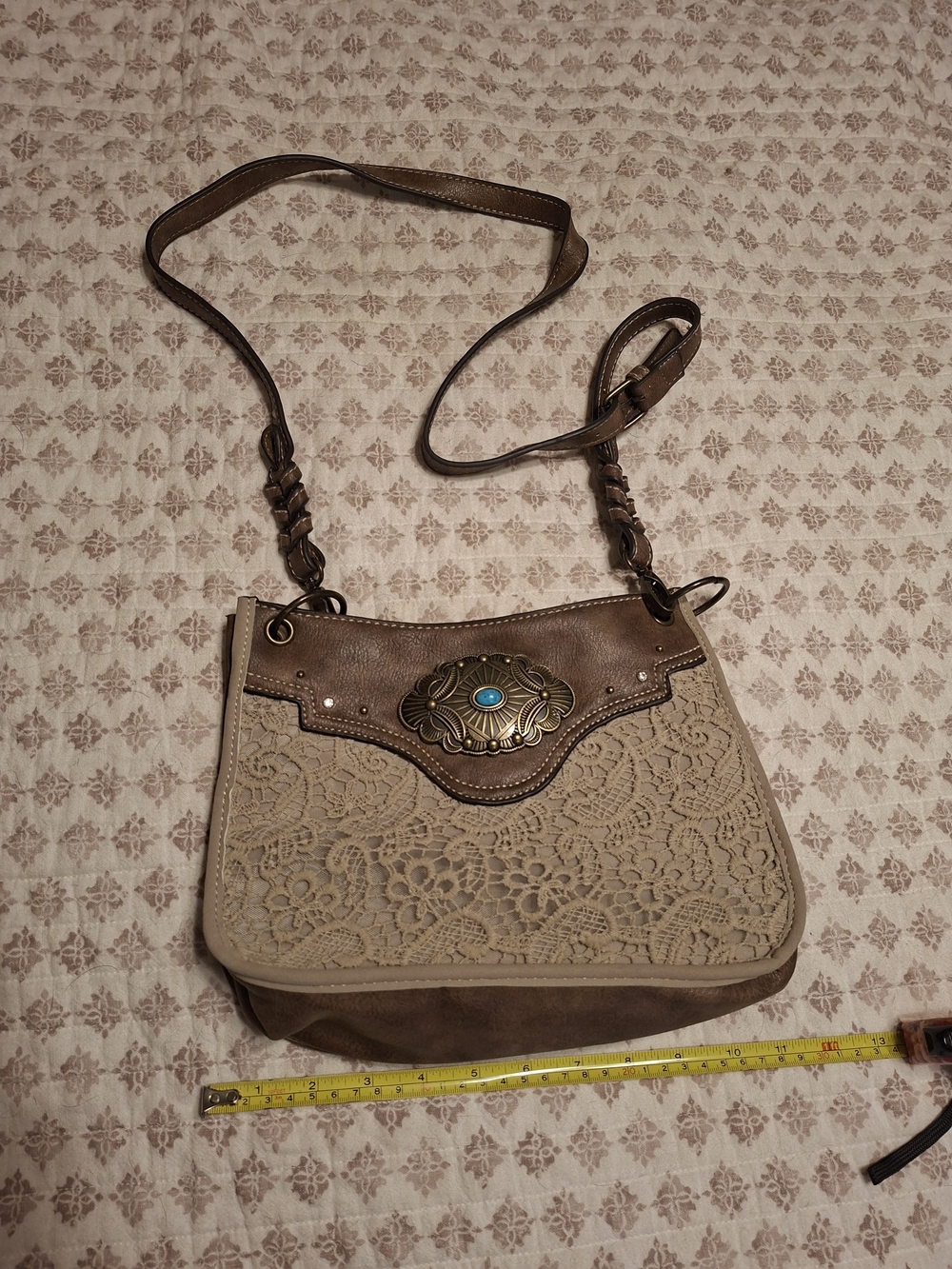 Justin Boots Beige Lace Crossbody with Brown Trim and Turquoise Concho